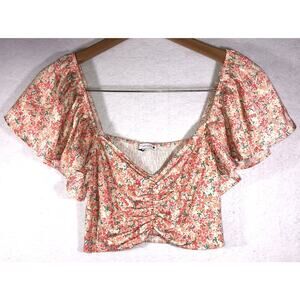 Zara Crop Top Cottagecore Floral Smocked Back Ruched Front Ruffle Sleeves Size S